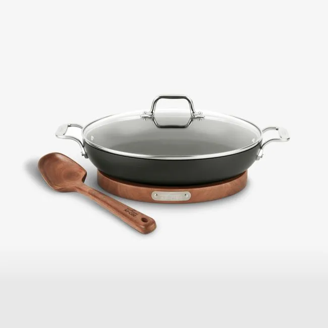 All-Clad HA1 Non-Stick 3-Qt. Universal Pan with Lid, Acacia Wood Trivet and Spoon