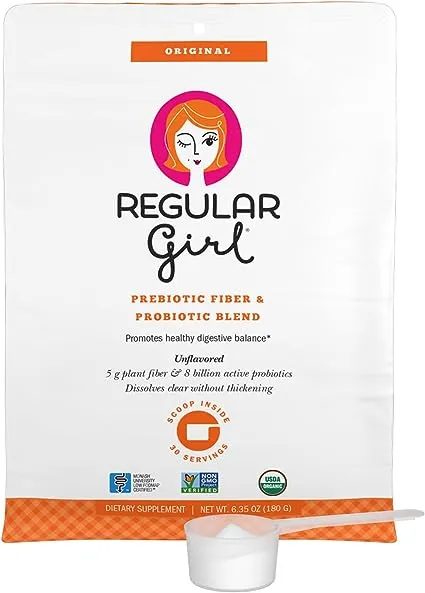 Regular Girl Organic Powder, Prebiotic Fiber Supplement and Probiotics for Women, Low FODMAP, 30 Servings, Unflavored