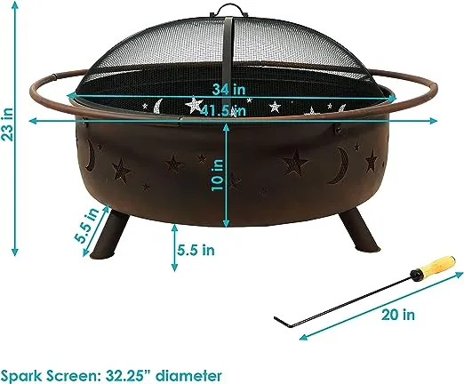 Sunnydaze Cosmic 42-Inch Wood-Burning Steel Fire Pit with Round Spark Screen, Poker, and Built-in Grate - Rust Patina