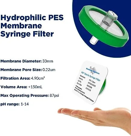 Membrane Solutions 10 Pack Syringe Filter Sterile PES Hydrophilic Filtration 0.22um Pore Size, 33mm Membrane Diameter Sterile PES Membrane Individually Packed