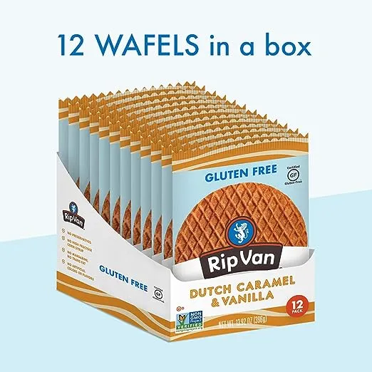 Rip Van Wafels Gluten-Free Dutch Caramel & Vanilla Stroopwafels, Healthy Snacks, Non-GMO, Low Sugar (6g), Low Calorie, 12 Count