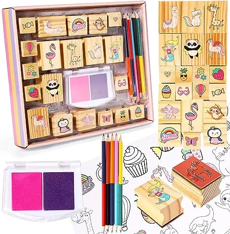 Unicorn Wooden Stamp and Sticker Set for Girls, Unicorn, Mermaid, Panda, Alpaca, Sloth, Cats, Rainbow, Butterfly Stamps, Activity Craft Set for Girls Boys Kids Gift Ages 4 5 6 7 8 9 10 Years Old