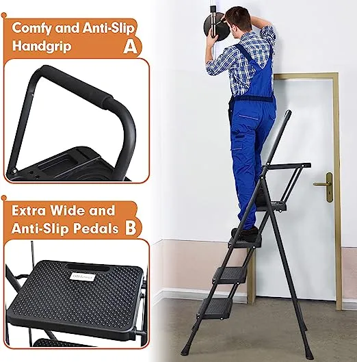 HBTower KQ0004-BK 4 Step Ladder, Folding Step Stool with Tool Platform, Wide Anti-Slip Pedal, Sturdy Steel Ladder, Convenient Handgrip