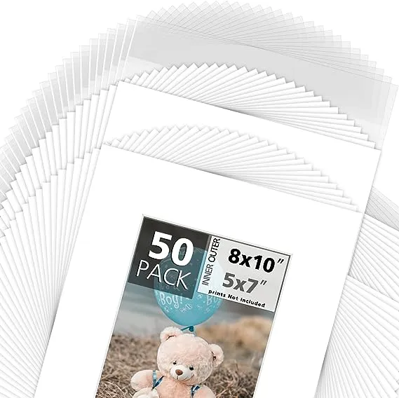 Mat Board Center, 8x10 Picture Mat Sets for 5x7 Photo. Includes a Pack of 50 White Core Bevel Pre-Cut White Core Matte & 50 Backing Board & 50 Clear Bags (White)