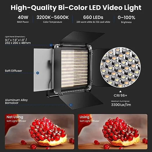 NEEWER 2 Pack Bi Color 660 LED Video Light and Stand Kit: (2) 3200-5600K CRI 96+ Dimmable Light with U Bracket and Barndoor, (2) 75 inches Light Stand for Studio Photography, Video Recording (Black)