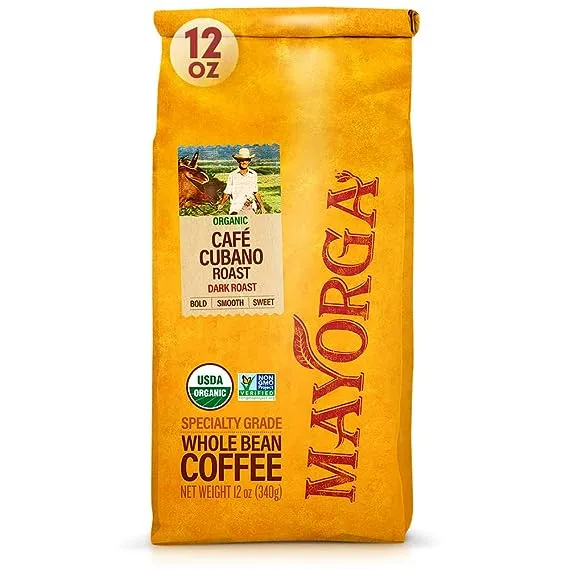 Mayorga Dark Roast Coffee 12oz Cubano Roast Coffee Bag 100% Arabica Whole Coffee Beans - Smoothest Organic Coffee - Specialty Grade, Non-GMO, Direct Trade