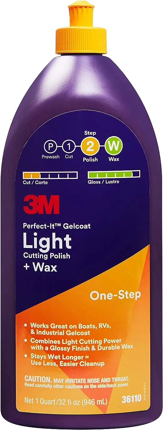 3M Perfect-It Gelcoat Light Cutting Polish + Wax, 36110, 1 Quart, One-Step Process, Removes Scratches and Swirls, Light Oxidation Remover for Boats and RVs