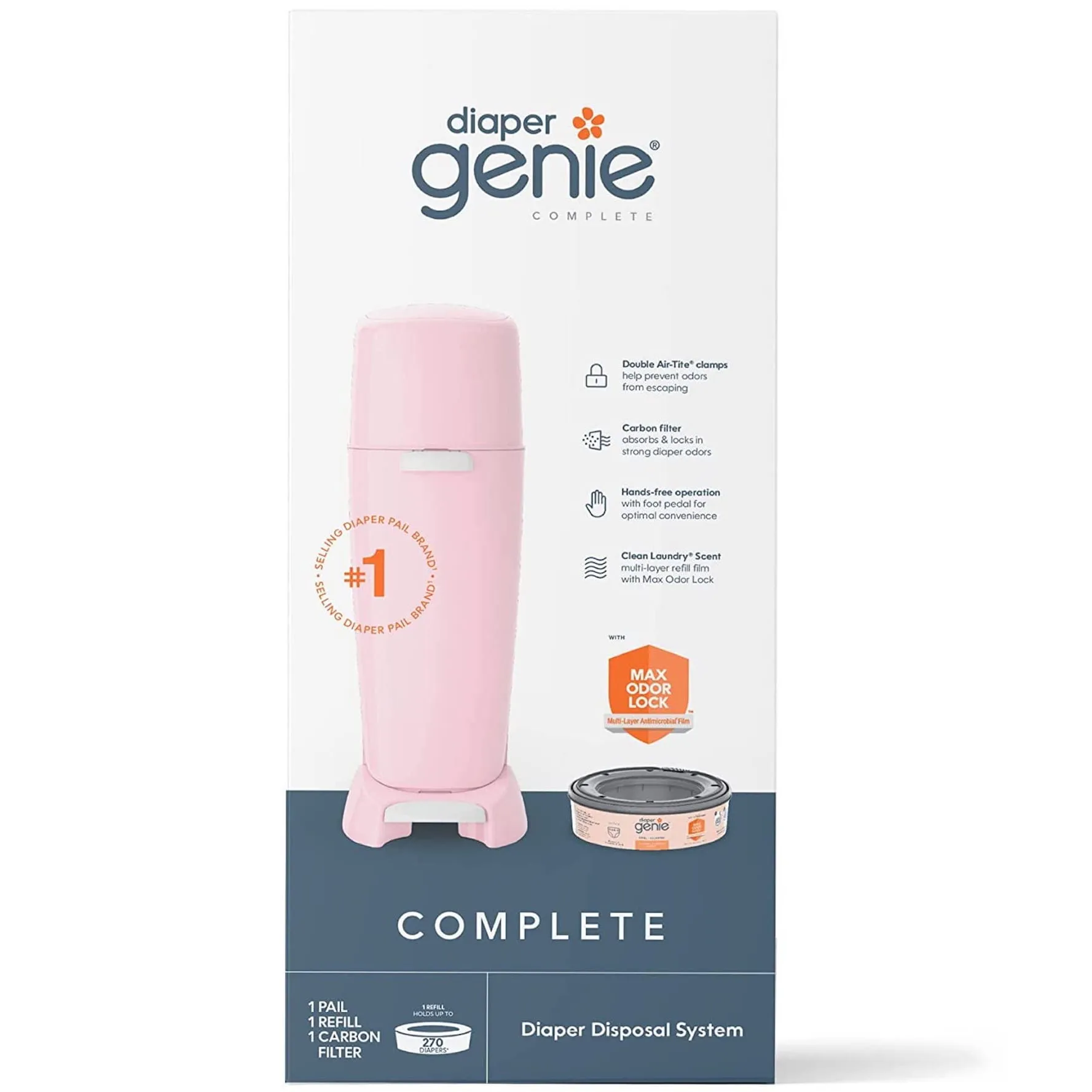 Diaper Genie Complete Pail (Pink) with Odor Control, Includes 1 Diaper Trash Can, 1 Refill, 1 Filter