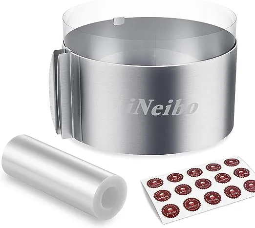 iNeibo Cake Ring and Cake Collar Set, 6 to 12 inch Adjustable Cake Mousse Mould Set with 6inch Clear Cake Roll, Stainless Steel