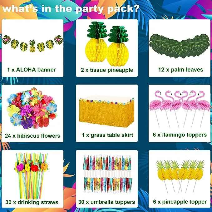 JOPHMO Tropical Luau Party Decoration Pack Hawaiian Beach Theme Party Favors Luau Party Supplies (112 Pcs) Including Banner, Table Skirt, Straws,