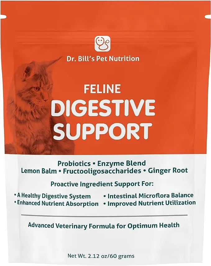 Dr. Bill's Feline Digestive Support Cat Prebiotics and Probiotics with Ginger Root, Psyllium Husk, Lemon Balm & More | 41 Active Ingredients for Better Digestion & Gut Health | Made in The USA