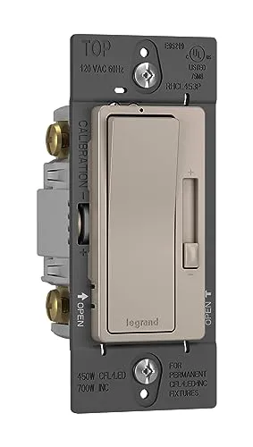 Legrand - Pass & Seymour Radiant Dimmer Light Switch, Single Pole Dimmer Switch and 3 Way Rocker Wall Switch, Brushed Nickel Preset Paddle Dimmer, RHCL453PNICCV4, 1 Count