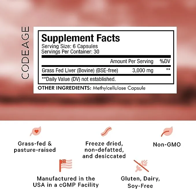 Codeage Grass Fed Beef Liver Supplement Superfood, Freeze Dried, Non-Defatted, Desiccated Beef Liver Glandulars Bovine Pills, Liver Health, Pasture Raised Beef Vitamins, Non-GMO, 180 Capsules