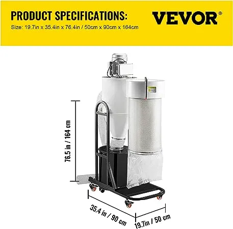 VEVOR 2 HP Portable Cyclone Dust Collector, 1,500 CFM Woodworking Dust Collector with 13.2-Gallon Collection Drum and Mobile Base, 220V Dust