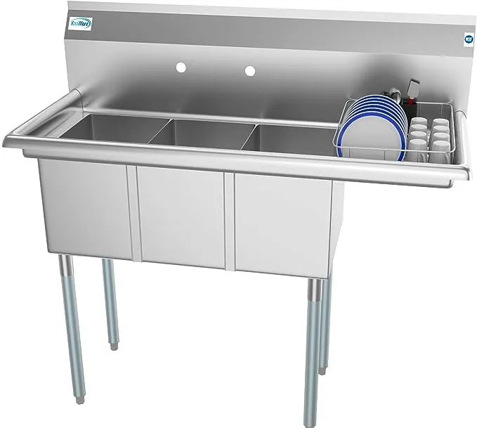 3 Compartment Stainless Steel Commercial Kitchen Sink with Drainboard - Bowl Size 10" x 14" x 10"