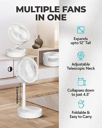 My Foldaway Mini Battery Operated Fan Portable All in 1 Folding Fan Desk Fan, Travel Fan for Bedroom/Camping/Beach/Hotel & More with 2 Modes, Quiet Foldable Fan for Bedroom Desk/Office (4-12”)