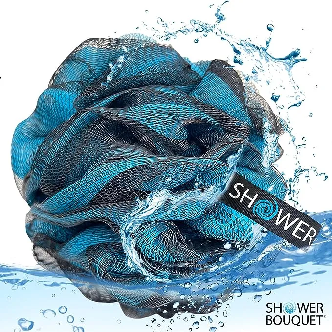 Loofah-Charcoal Bath-Sponge-Blue-Green XL-75g by Shower Bouquet - Extra Large 4 Pack, Soft Mesh Color Set, Black Bamboo Loufa Puff - Exfoliating Body Scrubber for Women and Men: Soothing Exfoliator