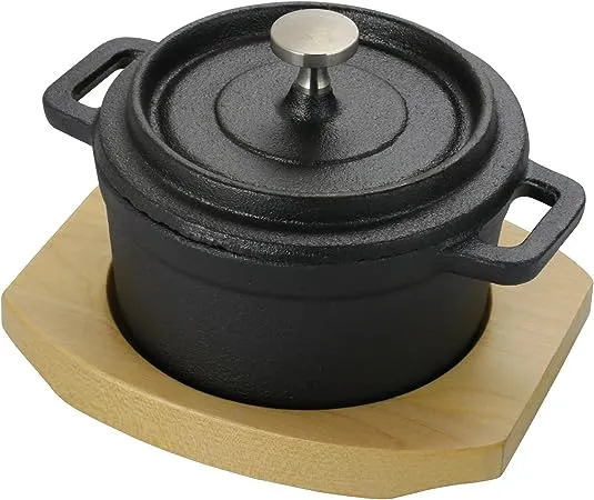 Gibson Home Campton 0.3 Quart Mini Round Cast Iron Casserole Dutch Oven with Lid and Wooden Base