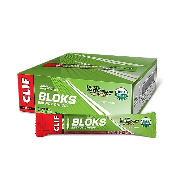 CLIF BLOKS - Salted Watermelon Flavor with 2X Sodium - Energy Chews - Non-GMO - Plant Based - Fast Fuel for Cycling and Running - Quick Carbohydrates and Electrolytes - 2.12 oz. (18 Count)