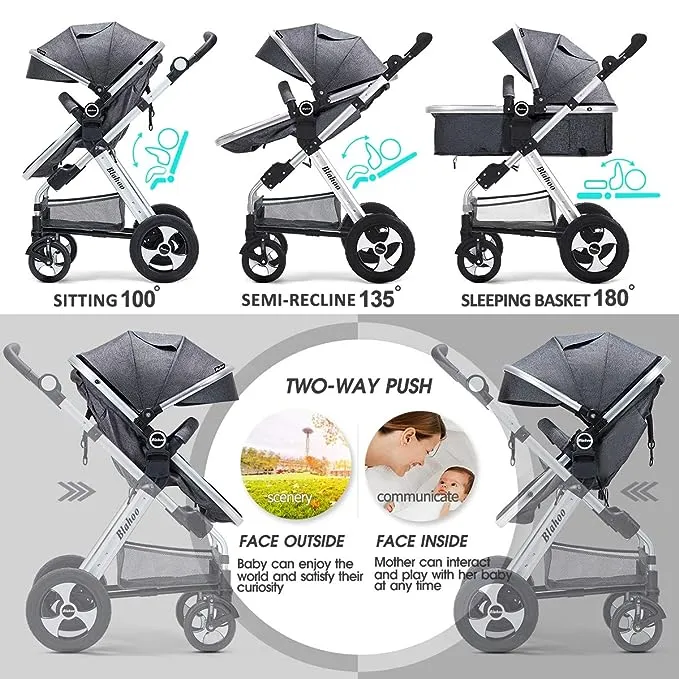 Blahoo Baby Stroller for Newborn, 2 in1 High Landscape Stroller, Foldable Aluminum Alloy Pushchair with Adjustable Backrest.Adjustable Awning, Variable Seat and Recliner(Black)