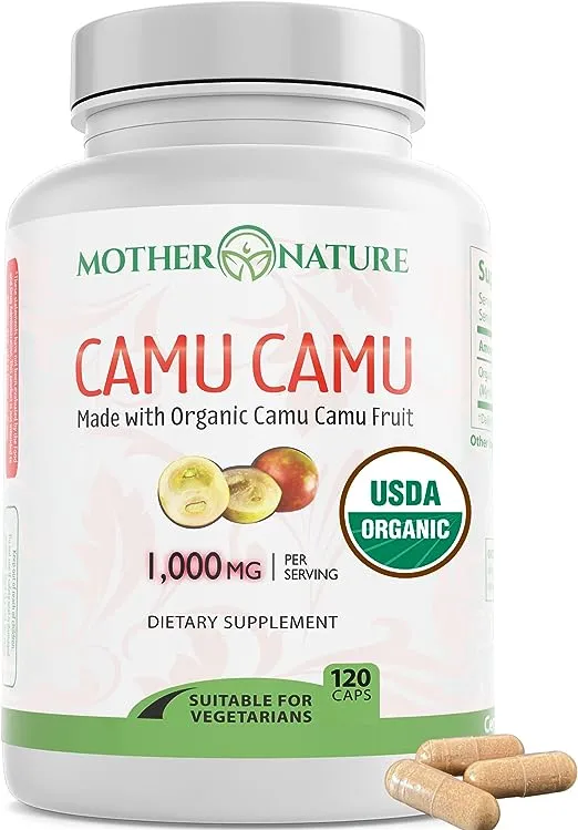 Organic Vitamin C from Camu Camu Capsules 1,000mg, Packed with Natural VIT C, Raw Antioxidants - Immune Support Supplement & Anti-Aging for Skin - Powder Organic, Vegan, Non-GMO (120 Count)