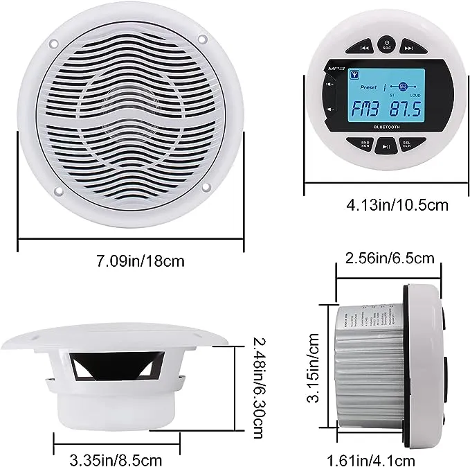 Herdio Marine Radio and Speakers Set Compatable with Bluetooth, Marine Gauge Head Unit+6.5 Inch Marine Flush Wall Mount Ceiling Speakers+Rubber Flexible Mast FM AM Antenna