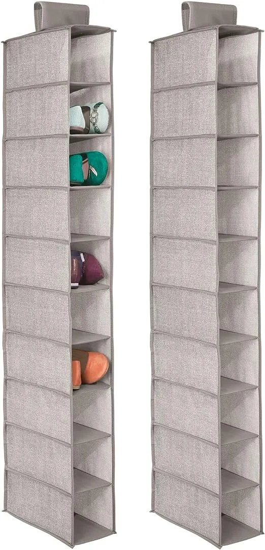 mDesign Soft Fabric Closet Organizer - Holds Shoes, Handbags, Clutches, Accessories - 10 Shelf Over Rod Hanging Storage Unit - Textured Print - 2 Pack - Linen/Tan