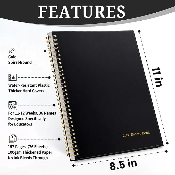 SUNEE Teacher Class Record Book for 11-12 weeks, 36 Names, 8.5x11 Inch, 102 Pages(51 Sheets), 100gsm Thick Paper, Larger Grade Recording for up to 36 Students with Water-Resistant Plastic Cover, BLUE