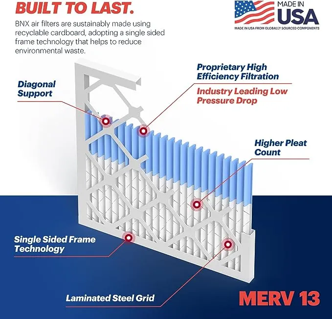 BNX TruFilter 20x20x1 Air Filter MERV 13 (6-pack) - Made in USA - Electrostatic Pleated Air Conditioner HVAC AC Furnace Filters for Allergies Pollen