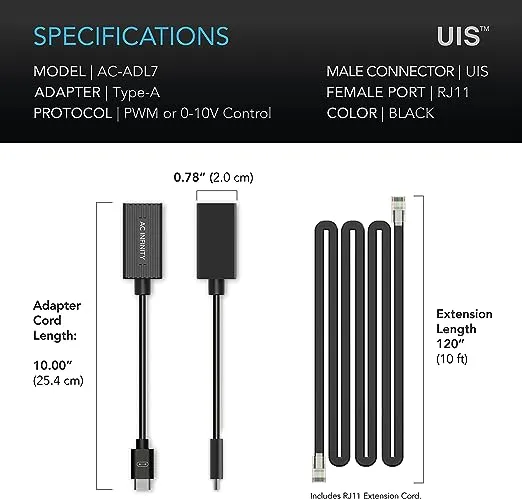 AC Infinity RJ11/12 to UIS Port Type-A Adapter Dongle, Conversion Cable Cord with Extension Cable for RJ11 RJ12 Grow Lights with PWM and 0-10V Current Sourcing Dimming