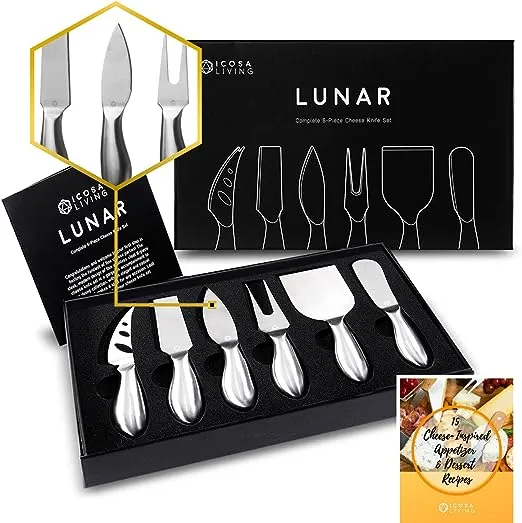 ICOSA Living Lunar 6-Piece Cheese Knife Set - Premium Stainless Steel Cheese Knives Collection - Charcuterie Board Accessories Gift Ready w/ 15 Festive Recipes