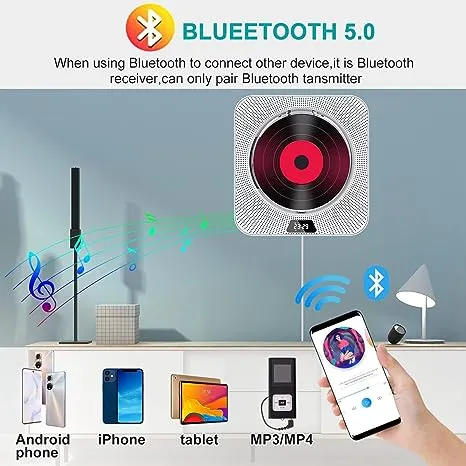 Portable Bluetooth CD Player,Wall Mountable CD Player for Home with Remote Control Dust Cover LCD Display Built-in HiFi Speakers FM Radio,Support CD/MP3/USB/TF/AUX Input Output (White)