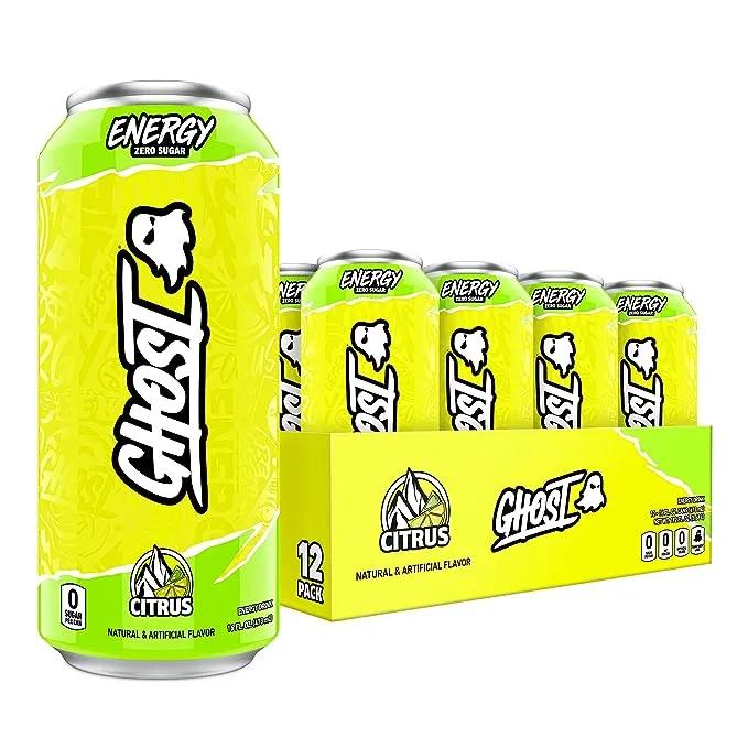 GHOST ENERGY Sugar-Free Energy Drink - 12-Pack, WARHEADS Sour Green Apple, 16oz - Energy & Focus & No Artificial Colors - 200mg of Natural Caffeine, L-Carnitine & Taurine - Gluten-Free & Vegan