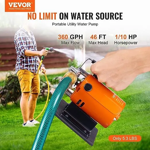 VEVOR Water Transfer Pump 115V, Utility Pump, 360 GPH Larger Flow, 46FT High-Lift, 1/10 HP Portable Electric Utility Pump with Water Hose Kit, Incl. Carbon Brushes, Impeller etc. For Water Removal