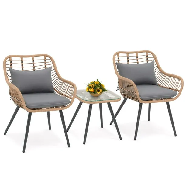 Joivi 3-Piece Patio Set, Outdoor Wicker Conversation Bistro Sets for Porch, Backyard with Square Glass Top Coffee Table, Cushions and Lumbar Pillows,