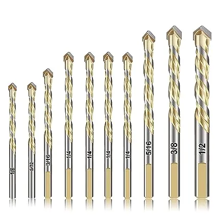 10 Pieces Masonry Drill Bits Set Glass Drilling Bits for Ceramic Tile Wood Porcelain Mirror Plastic Marble Wall with Strength Carbide Tips in Sizes-1/8, 5/32, 3/16, 1/4, 5/16, 3/8, 1/2 Inch, Gold