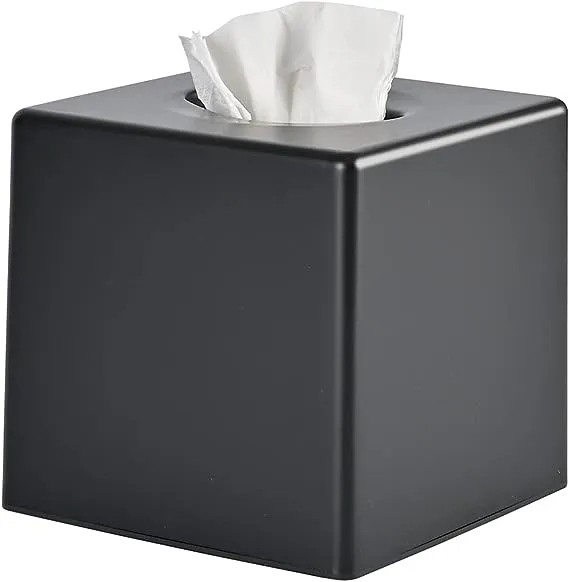 ALELION Black Tissue Box Cover Square - Thick Wooden Tissue Box Holder for Tabletop Night Stands Bathroom Office - Decorative Facial Cube Tissue Box Cover