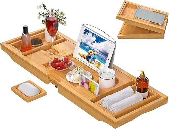 Bathtub Caddy Tray for Tub, Foldable Bamboo Bath Table Tray with Book and Wine Glass Holder, Expandable Bathroom Accessories with Free Soap Dish Suitable for Luxury Spa or Reading, Brown