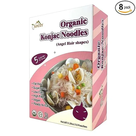 Apexy Organic Shirataki Konjac Noodle 8 Pouches Total 42.24oz. Low Calorie, Low-Carb Gluten Free, Vegan, Keto and Paleo-Friendly. (Fettuccine Shapes)