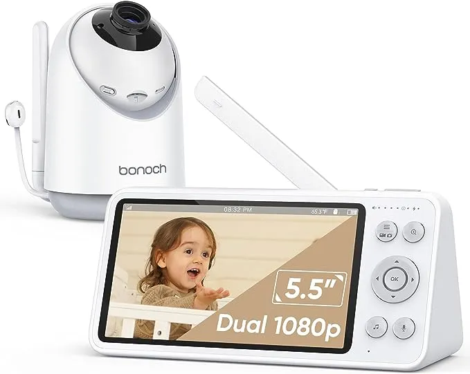 bonoch Video Baby Monitor No WiFi, Local Storage+Playback, 1080p HD Camera&Display, Baby Monitor with Camera and Audio, 7800mAh, 1800ft Range, Motion&Sound Detection, Hack-Proof, Additional 110° Lens