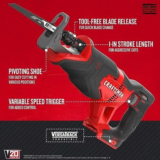 CRAFTSMAN V20 20-volt Max Variable Speed Cordless Reciprocating Saw (Bare Tool)