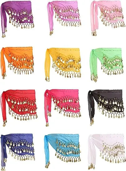 Zhanmai 12 Pieces Belly Dance Hip Scarf for Belly Dancer 12 Colors Waist Chain Dance Hip Scarf Belt with Dangling Coins