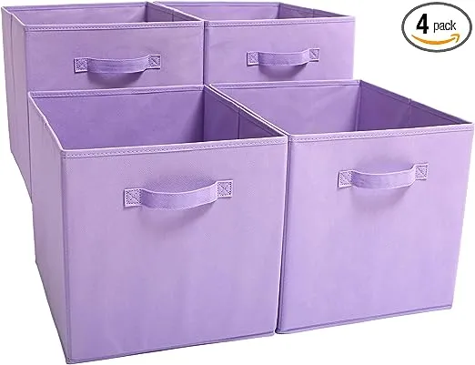 EZOWare Set of 4 Foldable Fabric Basket Bins, 13"x15"x13" Collapsible Storage Organizer Cube with Handle for Clothes Nursery - Purple