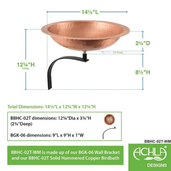 12.25 in. Tall Satin Copper Hammered Solid Copper Birdbath with Wall Mount Bracket