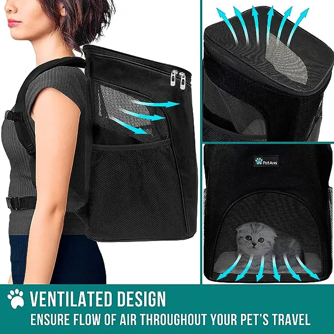 PetAmi Premium Pet Carrier Backpack for Small Cats and Dogs | Ventilated Design, Safety Strap, Buckle Support | Designed for Travel, Hiking & Outdoor Use (Black)