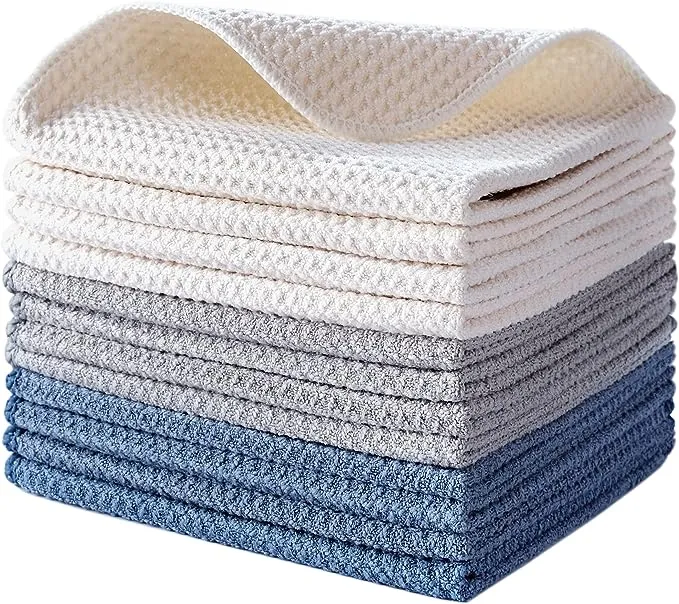 POLYTE Premium Microfiber Kitchen Dish Cloth Waffle Weave 12 Pack (12x12 in, Dark Blue, Gray, Off White)