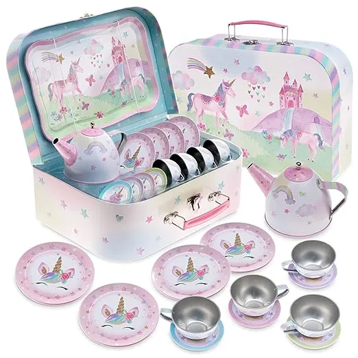 Jewelkeeper Magical Rainbow Unicorn Tin Tea Set With Carrying Case 15 Piece Set*