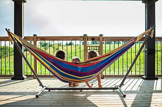 Vivere Double Cotton Hammock with Space Saving Steel Stand, Tropical (450 lb Capacity - Premium Carry Bag Included)