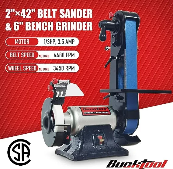 Bucktool Combo 2" x 42" Belt Sander 6" Bench Grinder, Knife Sharpener with Large Work Table BG2600 Upgraded Model