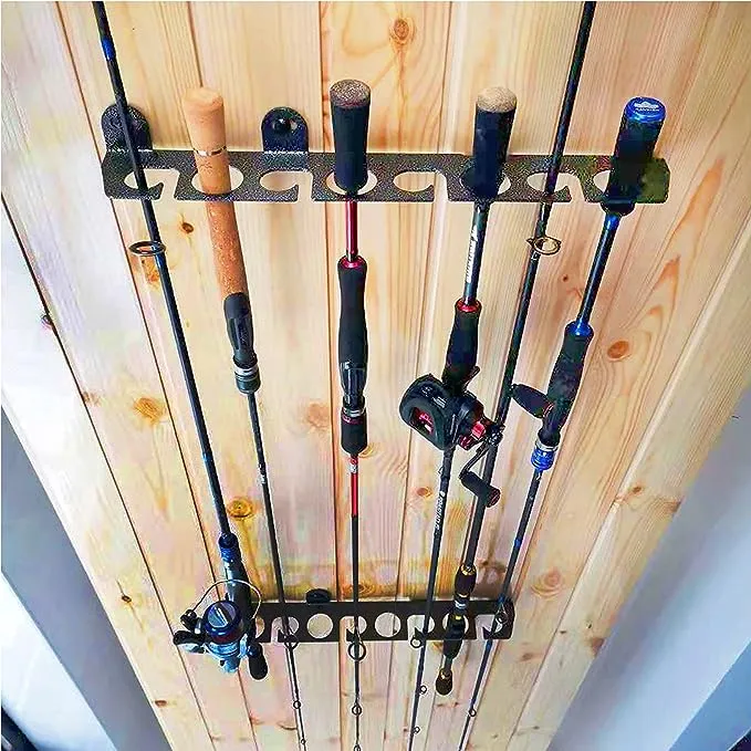 Sunshine Fishing Rod Rack for Garage, Cabin & Storeroom, Fishing Pole holder Wall/Ceiling Mount Rack, Hold up to 8 Fishing Rods, Fishing Poles Storage & Display. (Screws included, Black)